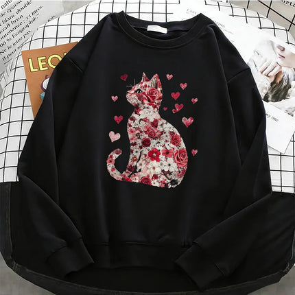 Love Cat Gothic Womens Solid Hoodies Basic Warm Fleece Sweatshirt Soft Breathable O-Neck Pullover Casual Female Clothes