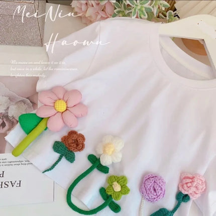 Children's T-Shirts Three-dimensional Flower Decoration Short Sleeve Kids Clothes for 3 To 13 Years Girls Tshirts