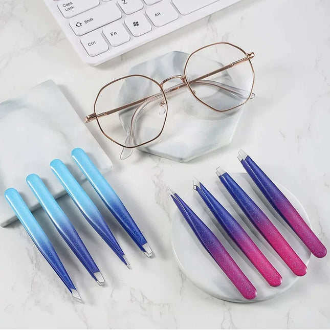 4 Styles Precision Eyebrow Tweezers Stainless Steel Fine Hairs Puller Flat Slant Tip Eye Brow Clips Hair Removal Makeup Tools