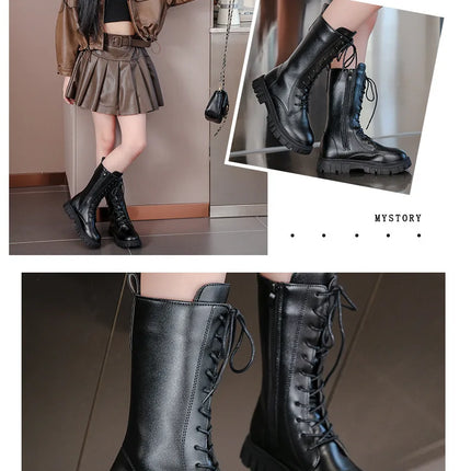 Girls' Boots Autumn Winter British Style Lace Up Long Boots Solid Color Princess Leather Boots Plus Velvet Kids Knight Boot