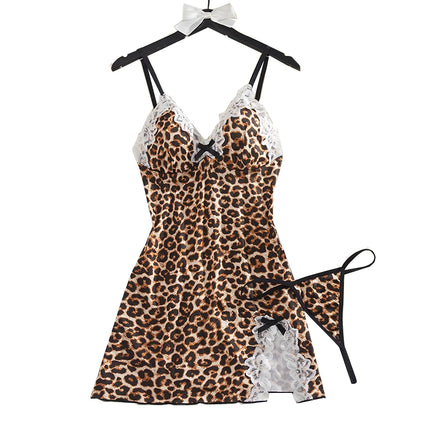 Leopard Print Dress Women's Strap Sleeping Skirt Two Piece Set Costumes
