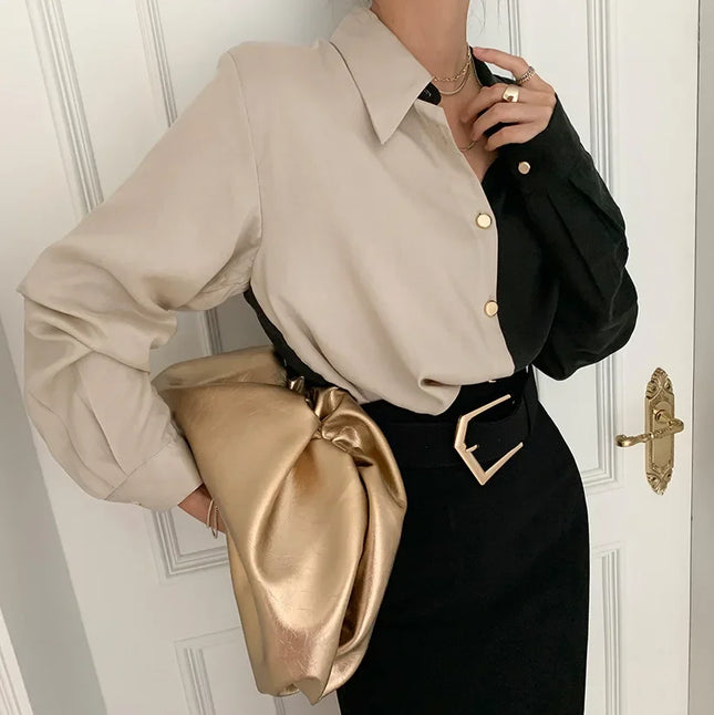 Chic2024 Spring Autumn Collection Vintage Color Block Design Long Sleeve Shirt Women's Top Korean Style Fashionable Clothing