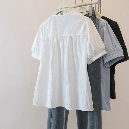 200 Pounds Plus Size Elastic Waist Office Lady Trend Shirt And Blouse Short Sleeve Solid Top  Women Clothing V-neck French Chic