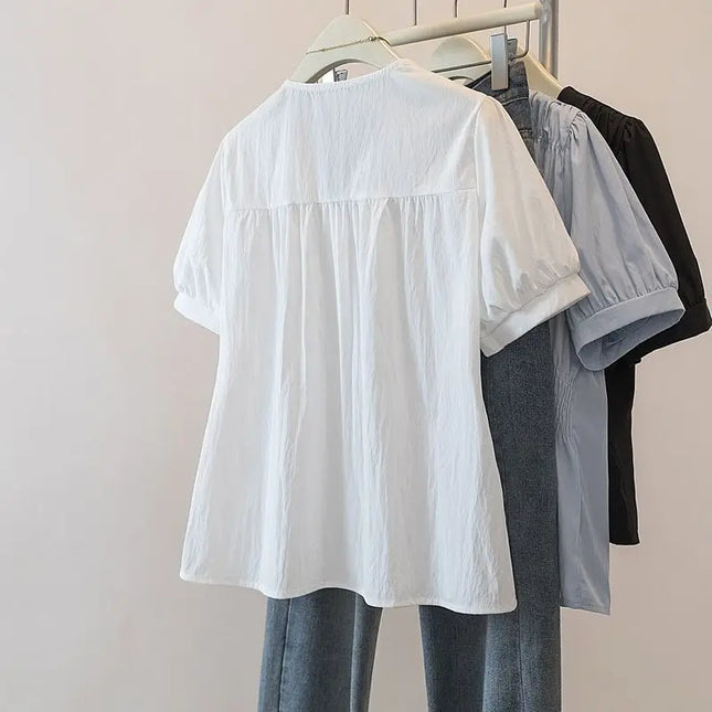 200 Pounds Plus Size Elastic Waist Office Lady Trend Shirt and Blouse Short Sleeve Solid Top Women Clothing V-neck French Chic