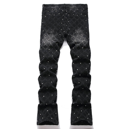Men's Crystal Boot Cut Jeans Punk Black Stretch Denim Pants Rivet Slim Flared Trousers Fashionable Bootcut Trousers