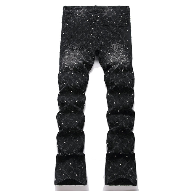 Men's Crystal Boot Cut Jeans Punk Black Stretch Denim Pants Rivet Slim Flared Trousers Fashionable Bootcut Trousers