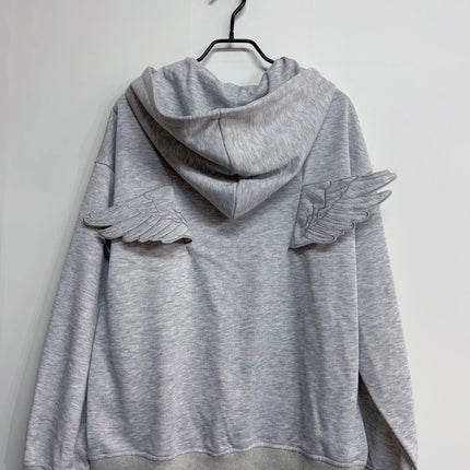 Women Fashion Grey Angel Wing Embroidered Hoodie Zipper Kawaii Pullover Sweatshirt Wing Y2K Streetwear Goth 2000s Alt Clothes