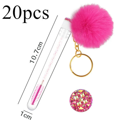 5pcs Gold Keychain Tube Eyelash Brush Eyebrow Comb Microbrush Lash Extension Micro Brushes Makeup Tool Fluffy Fur Ball Decorate