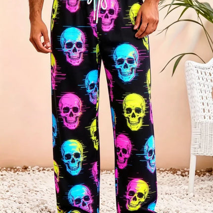 Men's skull print casual pants, loose and breathable drawstring style, for trendy and cool vacation items in multiple scenes