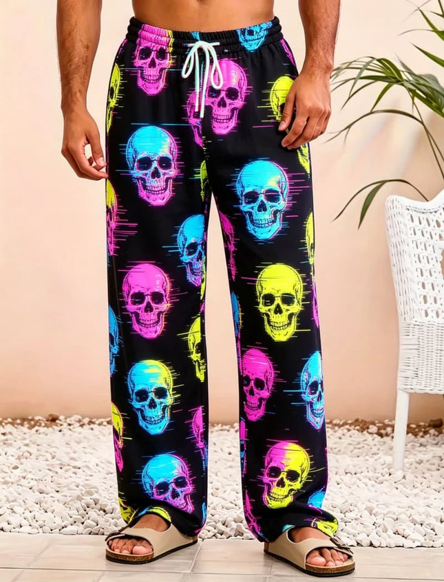 Men's skull print casual pants, loose and breathable drawstring style, for trendy and cool vacation items in multiple scenes