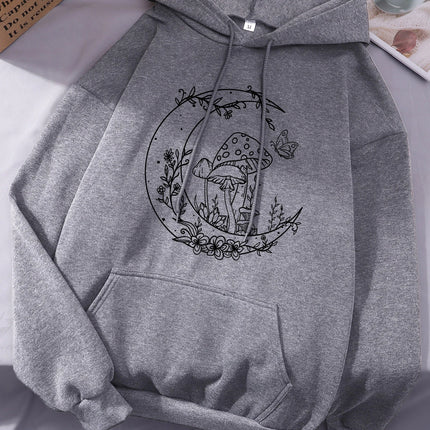 Mushroom Butterfly Moon Flower Prints Women Hoodies Autumn Pocket Streetwear Loose Casual Pullover Comfortable Fleece Hoody