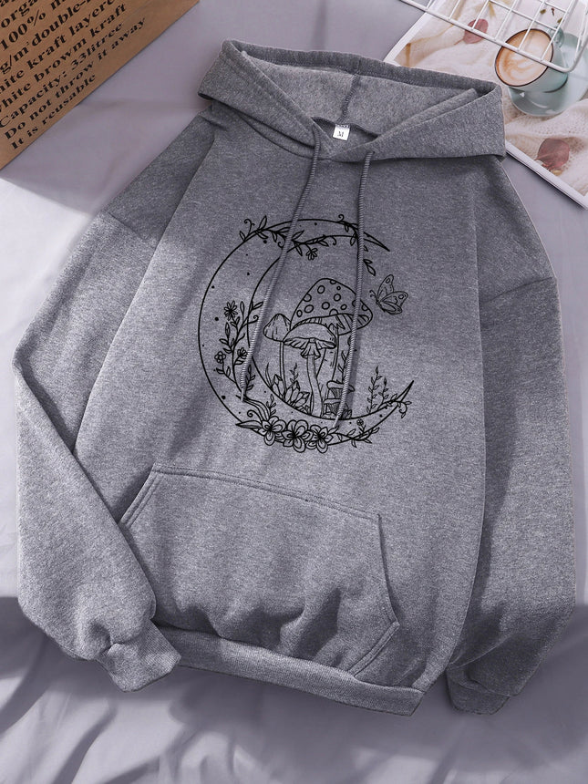 Mushroom Butterfly Moon Flower Prints Women Hoodies Autumn Pocket Streetwear Loose Casual Pullover Comfortable Fleece Hoody