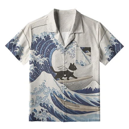 Men's Cat Graphics Shirts Short Sleeved Lapel Japanese Style Shirt For Summer Oversized Tops Vacation Casual Hawaiian Shirts