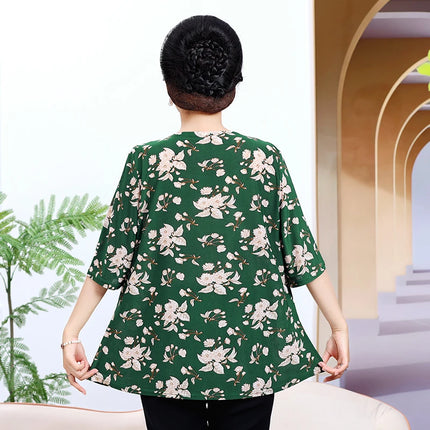 Round Necked Pleated Blouse Summer Loose T-shirt 2024 New Plus Size Shirt Flower Pattern Short Sleeved Women's Clothing