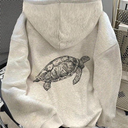 Womens Cotton Hoodie Dark Blue Color Sea Turtle Print Front Small Back Large Design Loose Fit Autumn Winter Warmth Casual