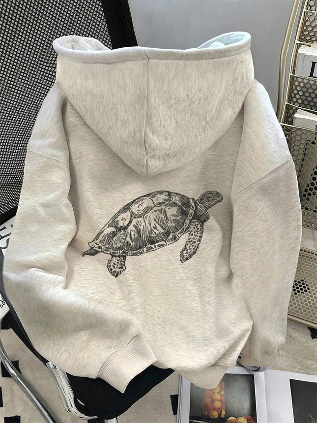 Womens Cotton Hoodie Dark Blue Color Sea Turtle Print Front Small Back Large Design Loose Fit Autumn Winter Warmth Casual