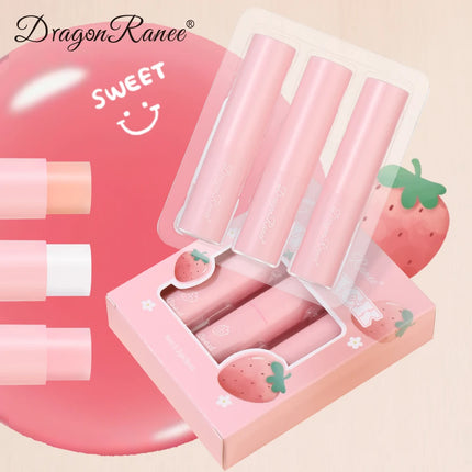 Dragon Ranee  3-Piece Set Thermochromic Moisturizing Lip Balm Hydrating Color-Changing Fruit Strawberry Colorless Pink Lipstick
