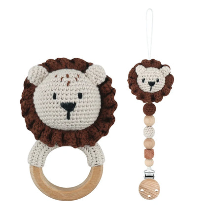 Baby Rattle Crochet Bear Teether Rattle With Bells Pacifier Chain Newborn Montessori Educational Toy Wooden Rings Baby Toys