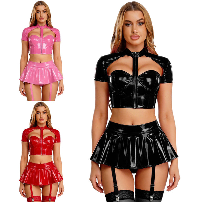 Women's 2-Piece PU Leather Rave Outfits Wet Look Cut Out Underwired Crop Top with Flared Miniskirt Nightclub Pole Dance Costume