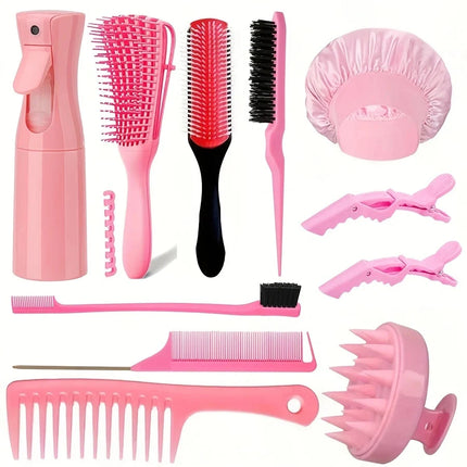 11-Piece Hair Styling Kit: Water Spray Bottle, Hollow Out Hair Brush, Shampoo Brush, Rat Tail Comb, Wide Tooth Hair Comb