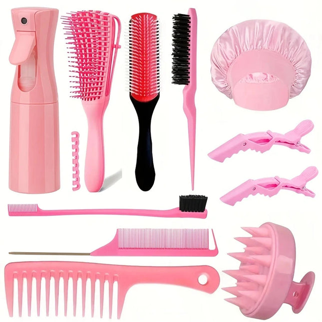 11-Piece Hair Styling Kit: Water Spray Bottle, Hollow Out Hair Brush, Shampoo Brush, Rat Tail Comb, Wide Tooth Hair Comb
