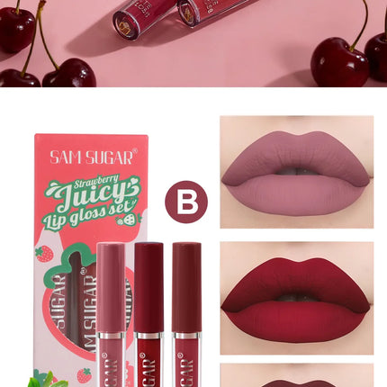 Fruit Cherry Strawberry Liquid Lipstick Makeup Kit Non Stick Cup Colorfast Long Lasting Velvet Matte Peach Lip Gloss Set 3pc/set