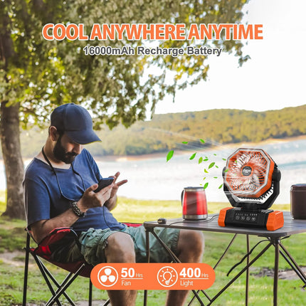 A camping fan powered by a 40000 mAh battery, rechargeable fan, with LED lights, equipped with a remote control and timer