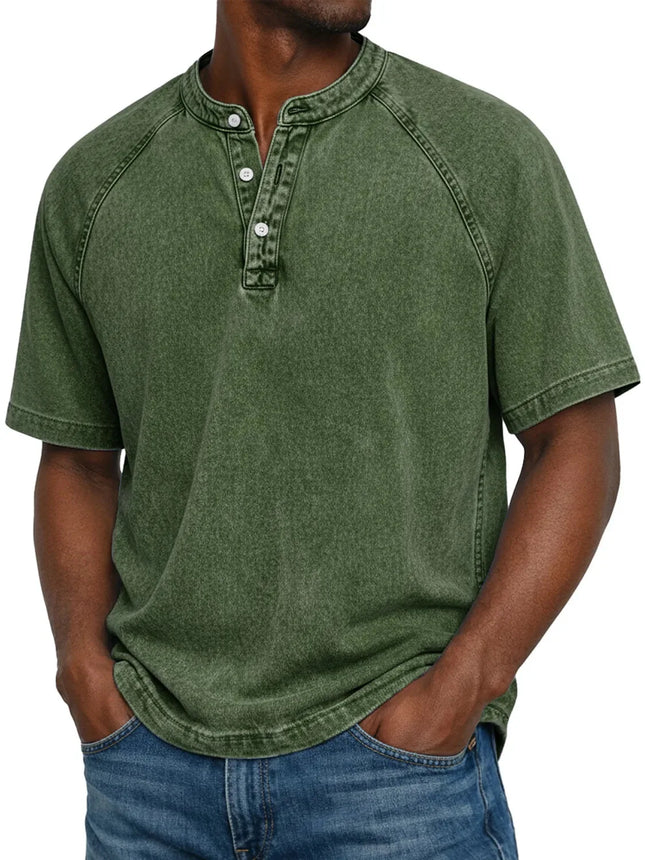 Men Vintage Washed Cotton Polo Shirt Summer Solid Color Henley Collar Short Sleeve Tops Retro Casual Slim Fit Fashion Men's Polo