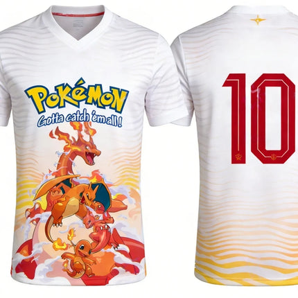 Summer 2026 Pokemon "Fire Evolution Chain" No. 10 Football Sports Theme 3D Printed Breathable T-shirt Adult Parent-child Top