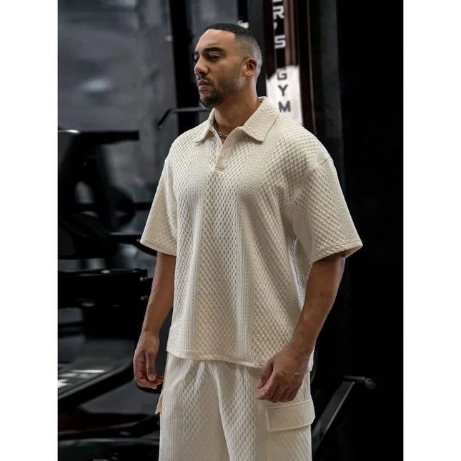 Men's Oversized Quilted Polo Shirt Cream Color Short Sleeve Button Collar Casual Loose-Fit Textured Knit Top