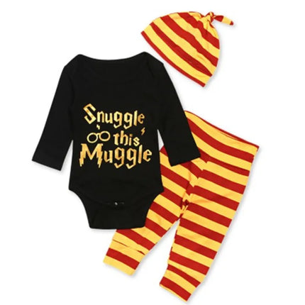 Baby Outfit 3pcs Set, Euro-American Style, Long/Short Sleeve Black Bodysuit with Gold Letters, Infant Clothing