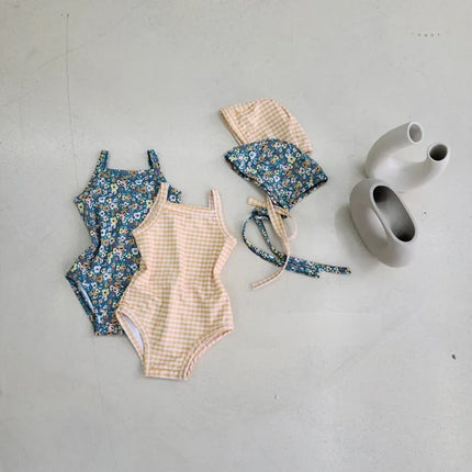 2024 New Baby Kid's One-piece Swimwear With Hat Toddler Girl's Dot Floral Suspenders Swimming Suit Summer Beach Wear