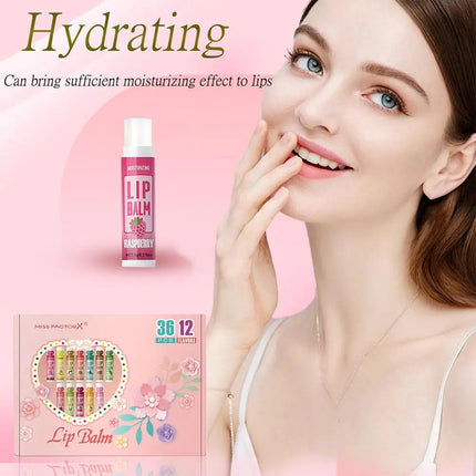 Moisturizing Lip Balm Set 36PCS, 12 Flavored Natural Lip Balms For Gifts Party Favors Bulk Fruit Lip Balms Dry Cracked Lip Care