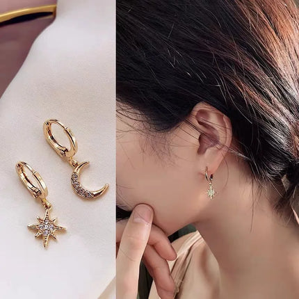 VENTFILLE 925 Sterling Silver CZ Star Moon Asymmetric Hoop Earrings for Women Girls Gold Silver Color Party Jewelry Gifts