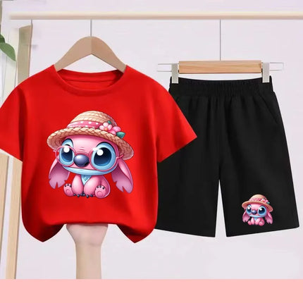 Disney Casual Children's Fashion Set T-shirt+ Shorts 2 Piece Stitch  Print  Boys Girls 3-12 Years Sports Coat Trend Party Sets