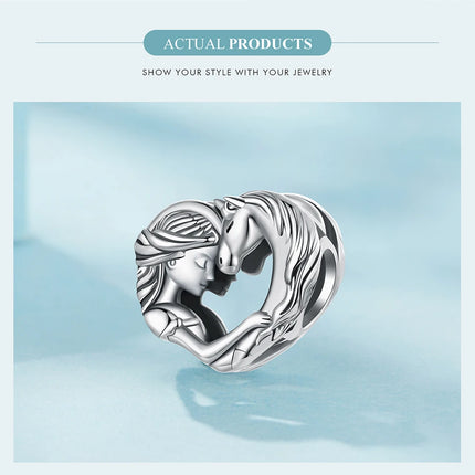 WOSTU Solid 925 Sterling Silver Lovely Girl & Horse Charm Heart Guardian Pendant Fit DIY Bracelet Necklace Heart Jewelry Series