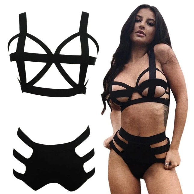 Three-Point Sexy Bondage Bikini Sexy Erotic Lingerie for Women Faux Leather Deep V Bodysuit Exotic Sleepwear Nightwear Temptation