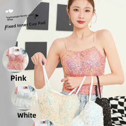 Small Sequin Ball One-Piece Fixed Vest Wrap Chest Base Layer Brtte for Girls Summer Outing ort High Elastic Polye...