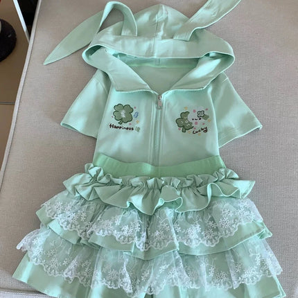 Japanese Cute Rabbit Ears Slim Hoodies Female Green Sweet Short-sleeved Outfits Women Summer Subculture Y2k Otaku Tops 2025 New