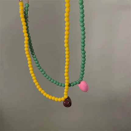 New Trend Vintage Resin Acrylic Pink Love Heart Green Beaded Necklace for Women Aesthetic Jewelry Fashion Neck Accessories