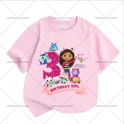 New Gabby Dollhouses Pink Short Sleeve White T-shirts Girls Tops Cotton Summer Casual Birthday Number T-shirt Party Supplies Tee