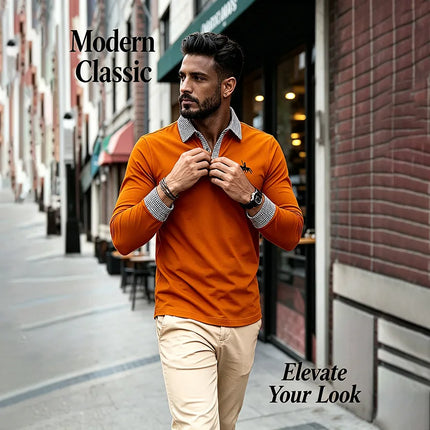 Men's Houndstooth Patchwork Long Sleeve Polo Shirt Classic Casual Business Tops Breathable Lightweight Knitwear for Spring Fall
