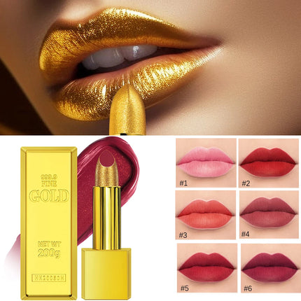 Glitter Sexy Lipstick Shimmer Gold Lipstick Long Lasting Waterproof Cosmetic Gold Brick Tube Valentine's Day Gift For Woman