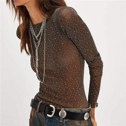 hirigin Women Rhinestone Mesh Sheer Tops Slim Fit Bling See Through Long Sleeve Lettuce Trim Shirts Spring Summer Party Cover Up