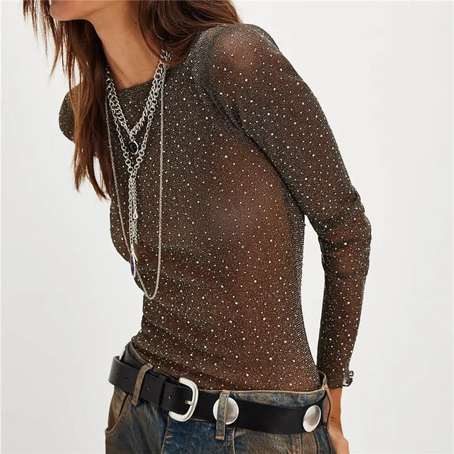 hirigin Women Rhinestone Mesh Sheer Tops Slim Fit Bling See Through Long Sleeve Lettuce Trim Shirts Spring Summer Party Cover Up
