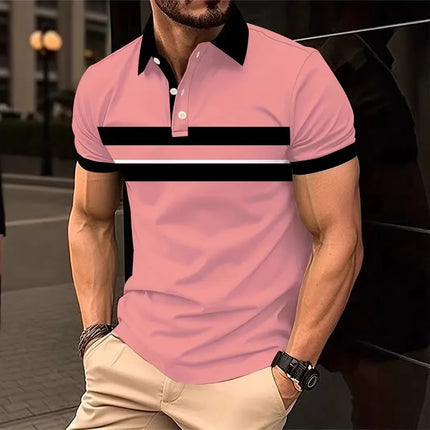 100% Polyester Men Summer Short Sleeve Lapel Polo Shirt New Fashion Stripe Tops Polo Shirt
