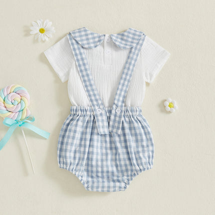 Pudcoco Baby Boys Shorts Set Doll Collar Romper with Plaid Suspender Shorts Summer Outfit 0-18M