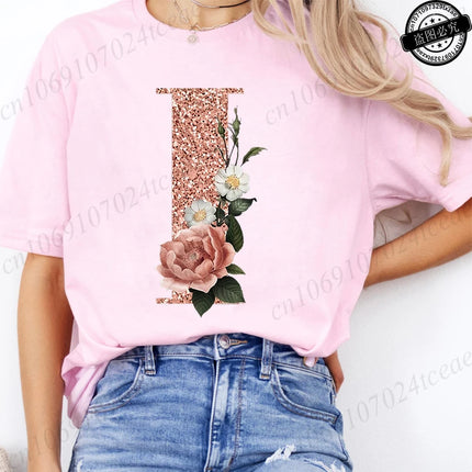 T Shirt for Women Clothing Summer Short Sleeve Tee shirts Rose Gold Letter A~Z Printed Graphic Tops Female T-Shirts Clothing