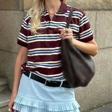 Women Summer Basic T-Shirt Casual Striped Print Lapel Short Sleeve Tops For Streetwear Aesthetic Grunge Clothes Hot Sale S-XL