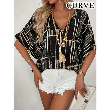 Plus Size 1XL-5XL Women's Fashion Print V-Neck Batwing Sleeve Blouse Top Ladies Casual Short Sleeve Summer Shirt Tops
